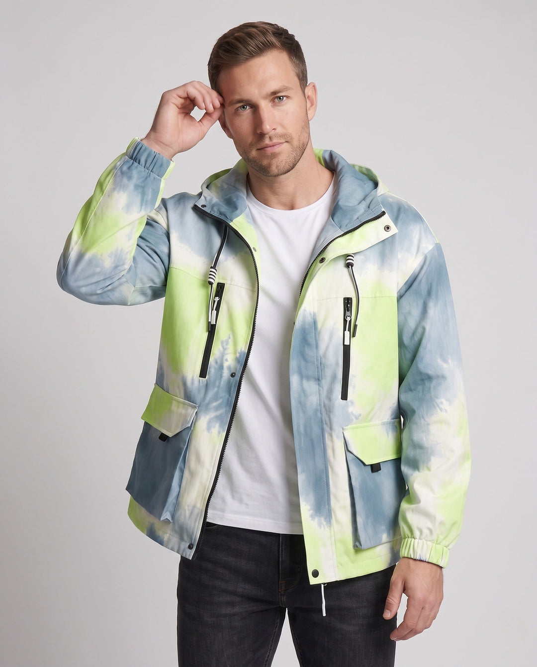 Unisex Leichte Kapuzen-Utility-Übergangsjacke mit Farbverlauf, Reißverschluss &amp; Mehrfach-Taschen