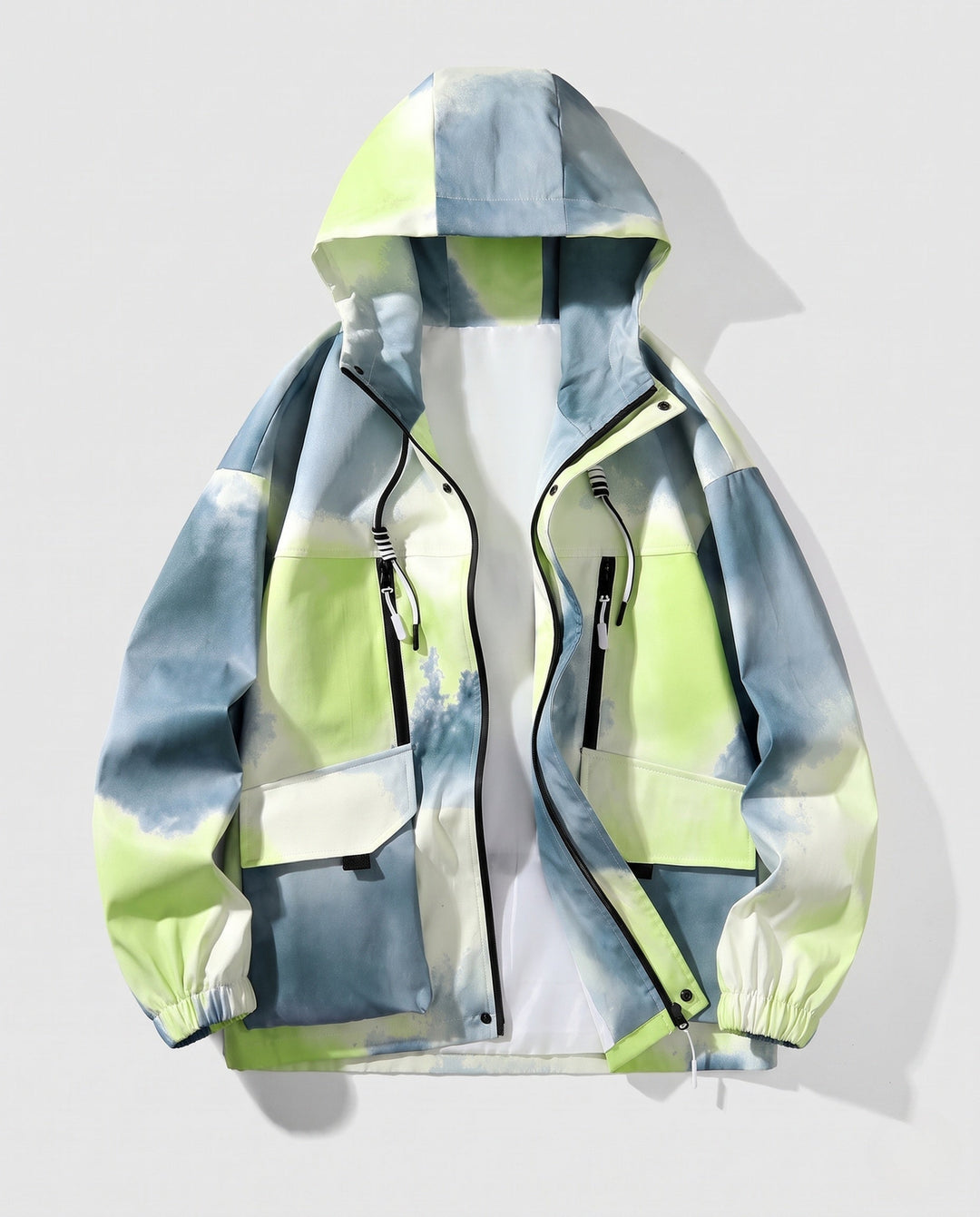 Unisex Leichte Kapuzen-Utility-Übergangsjacke mit Farbverlauf, Reißverschluss &amp; Mehrfach-Taschen