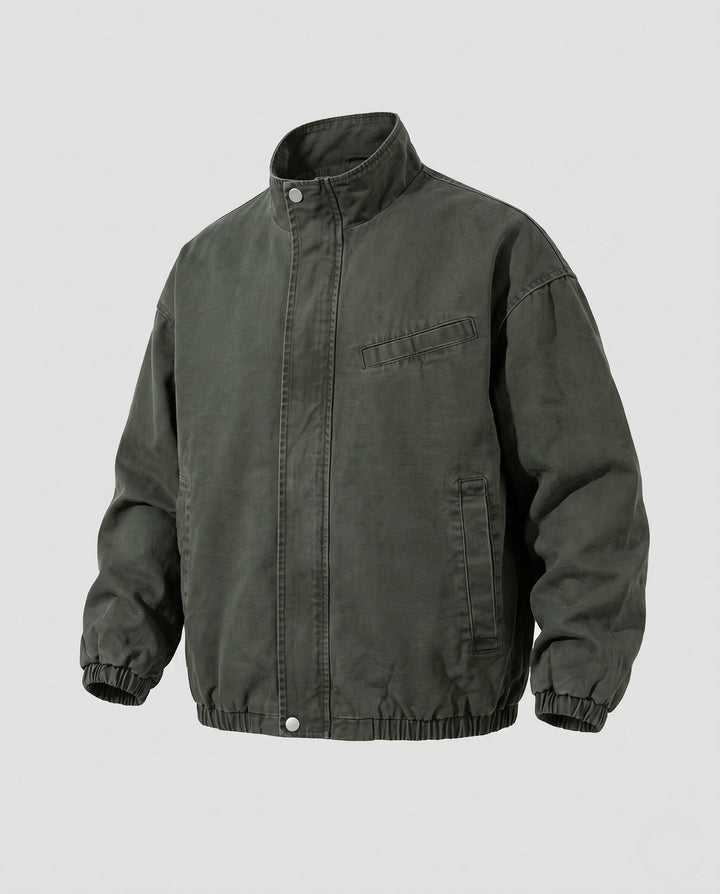 Unisex oversize Utility-Fieldjacke mit Stehkragen, verdeckter Druckknopfleiste und elastischem Saum