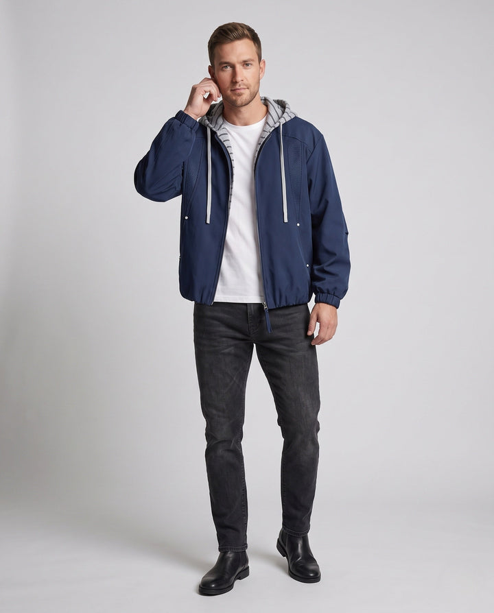 Unisex oversize-Windjacke mit gestreifter Kapuzenblende, Mesh-Einsätzen &amp; Tunnelzug