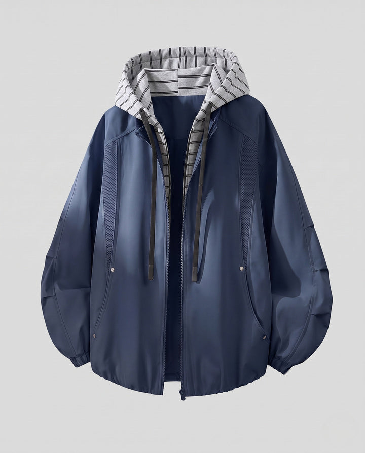 Unisex oversize-Windjacke mit gestreifter Kapuzenblende, Mesh-Einsätzen &amp; Tunnelzug