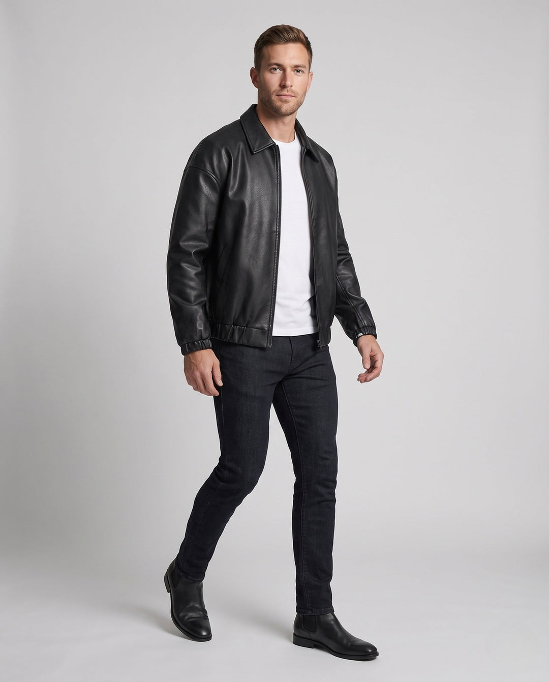 Herr Fashionable Konstläder Jacka med Elastisk Waistband