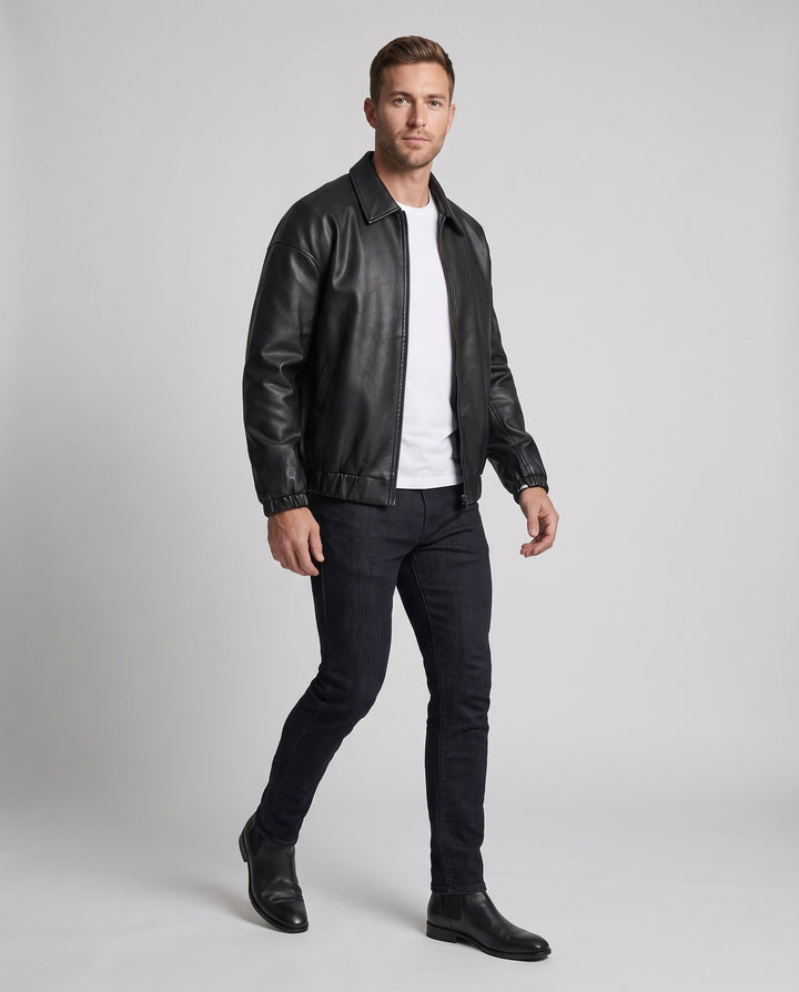 Herr Fashionable Konstläder Jacka med Elastisk Waistband