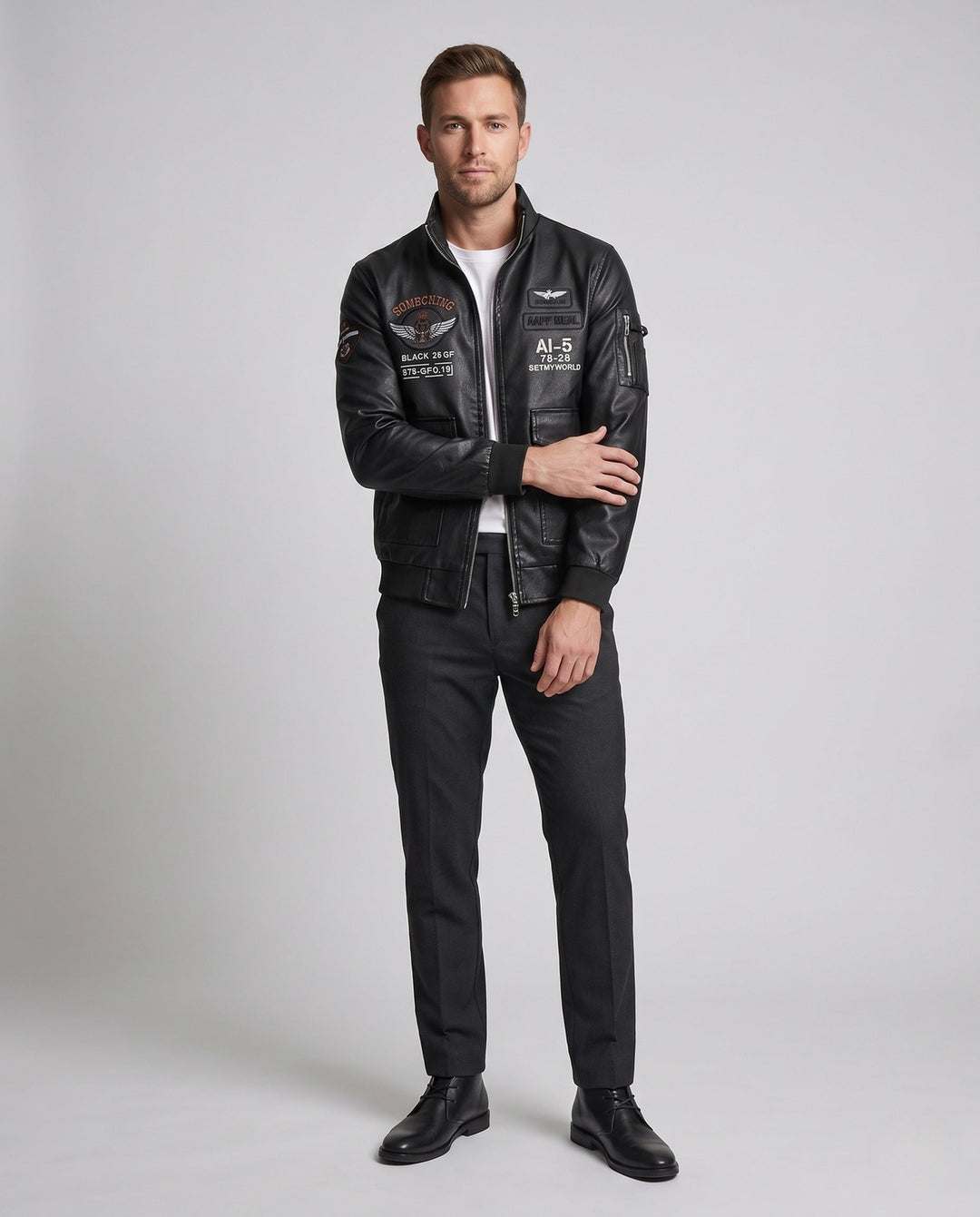 Herr Fashion Konstläder Jacka med Embroidery