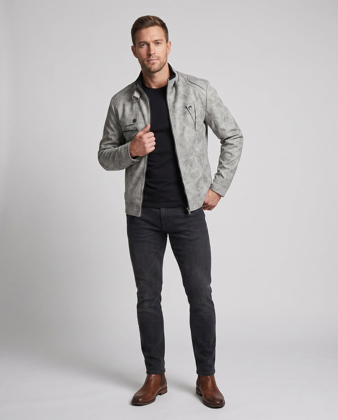 Herr Fashion Läder Jacka med Stående Krage