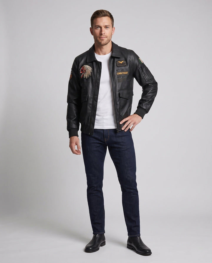 Herr Fashionable Läder Jacka med Embroideries