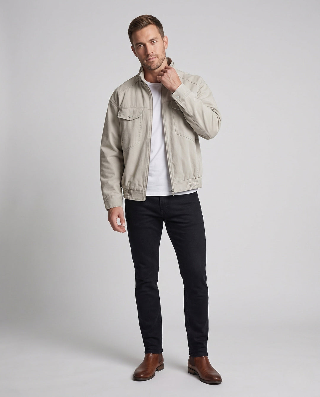 Herr Oversized Utility Övergång Jacka med Ståkrage, Elastisk Fåll och Bröstfickor