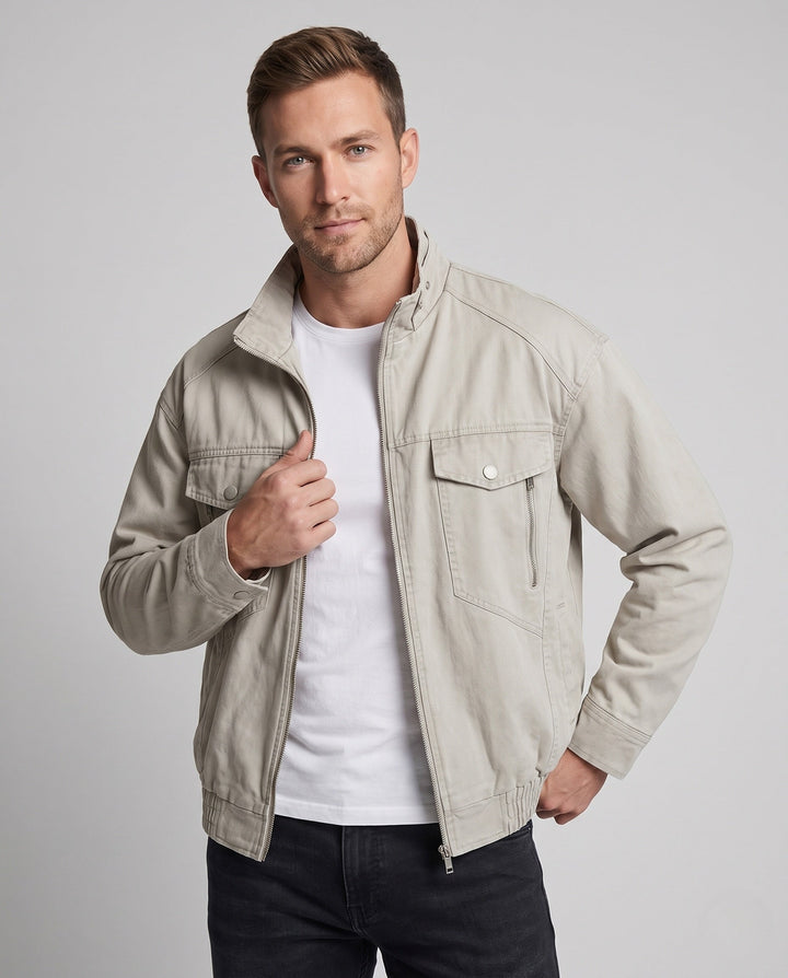 Herr Oversized Utility Övergång Jacka med Ståkrage, Elastisk Fåll och Bröstfickor
