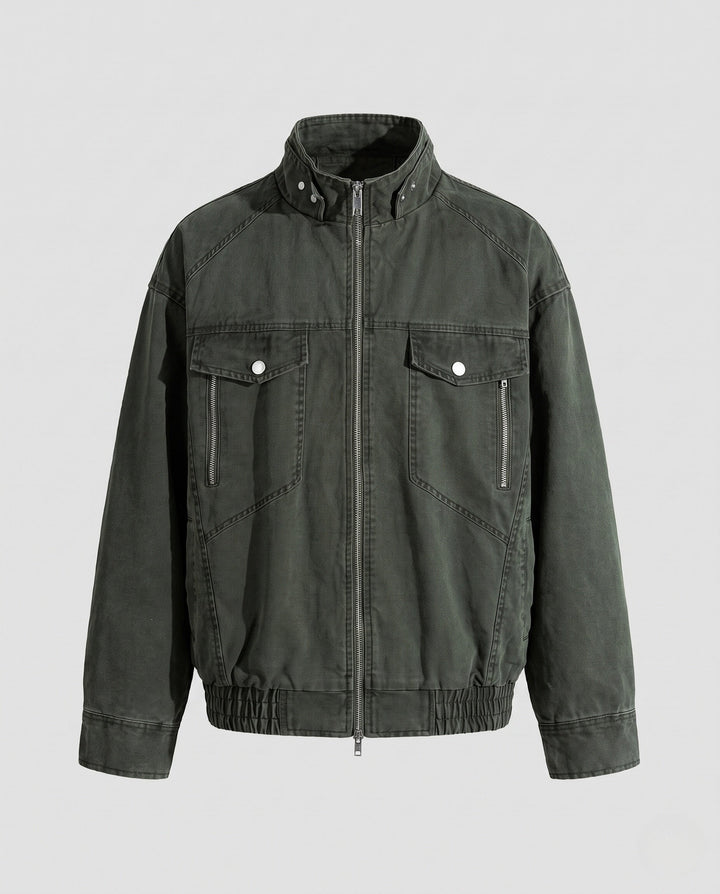 Herr Oversized Utility Övergång Jacka med Ståkrage, Elastisk Fåll och Bröstfickor