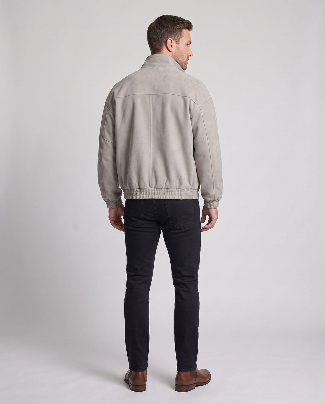 Herr Oversized Velvet Jacka med Stående Krage, Tvåvägsdragkedja och Elastisk Fåll