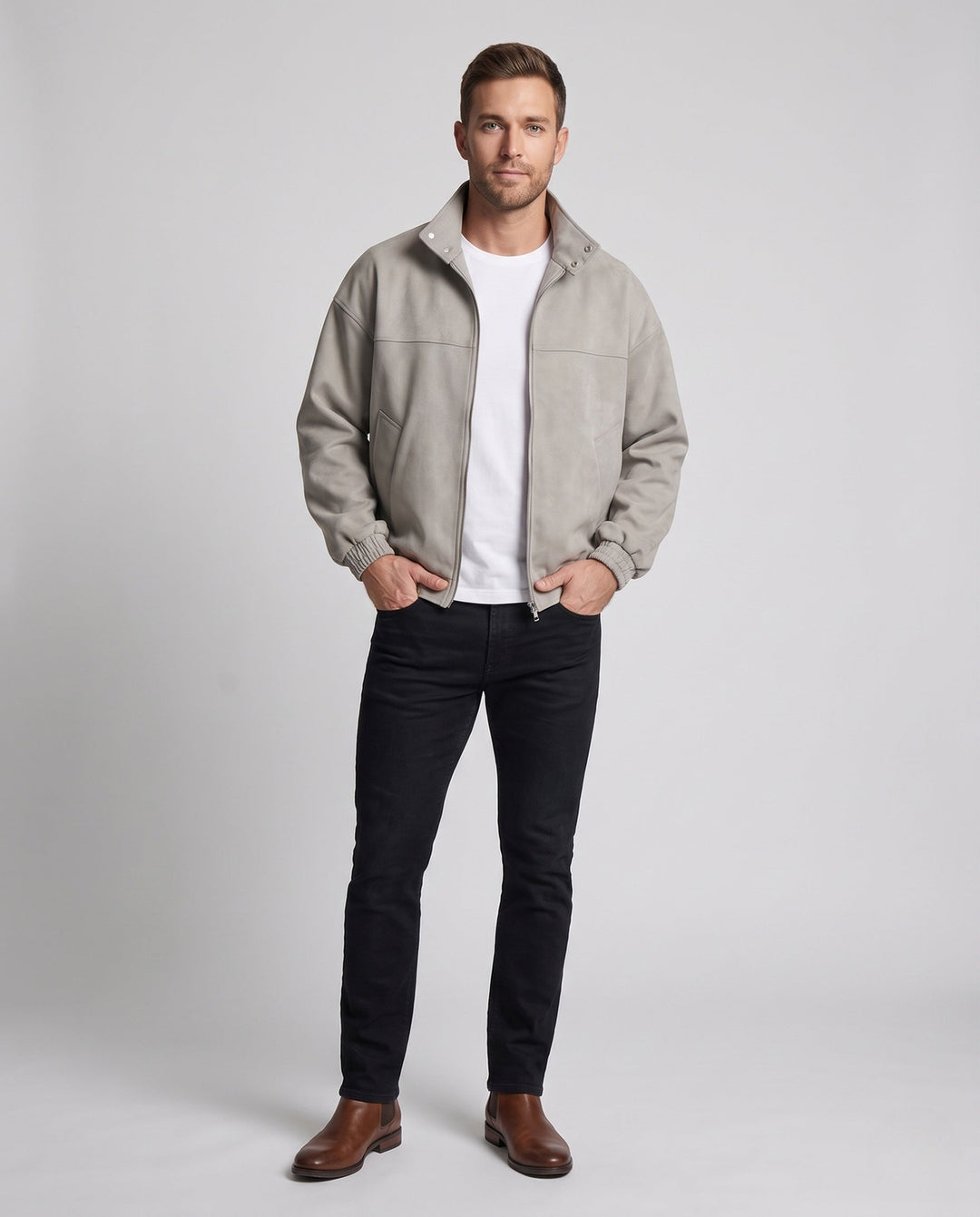 Herr Oversized Velvet Jacka med Stående Krage, Tvåvägsdragkedja och Elastisk Fåll