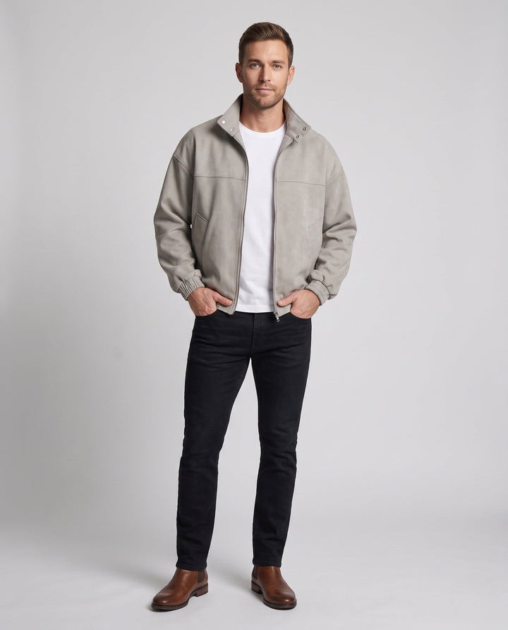 Herr Oversized Velvet Jacka med Stående Krage, Tvåvägsdragkedja och Elastisk Fåll