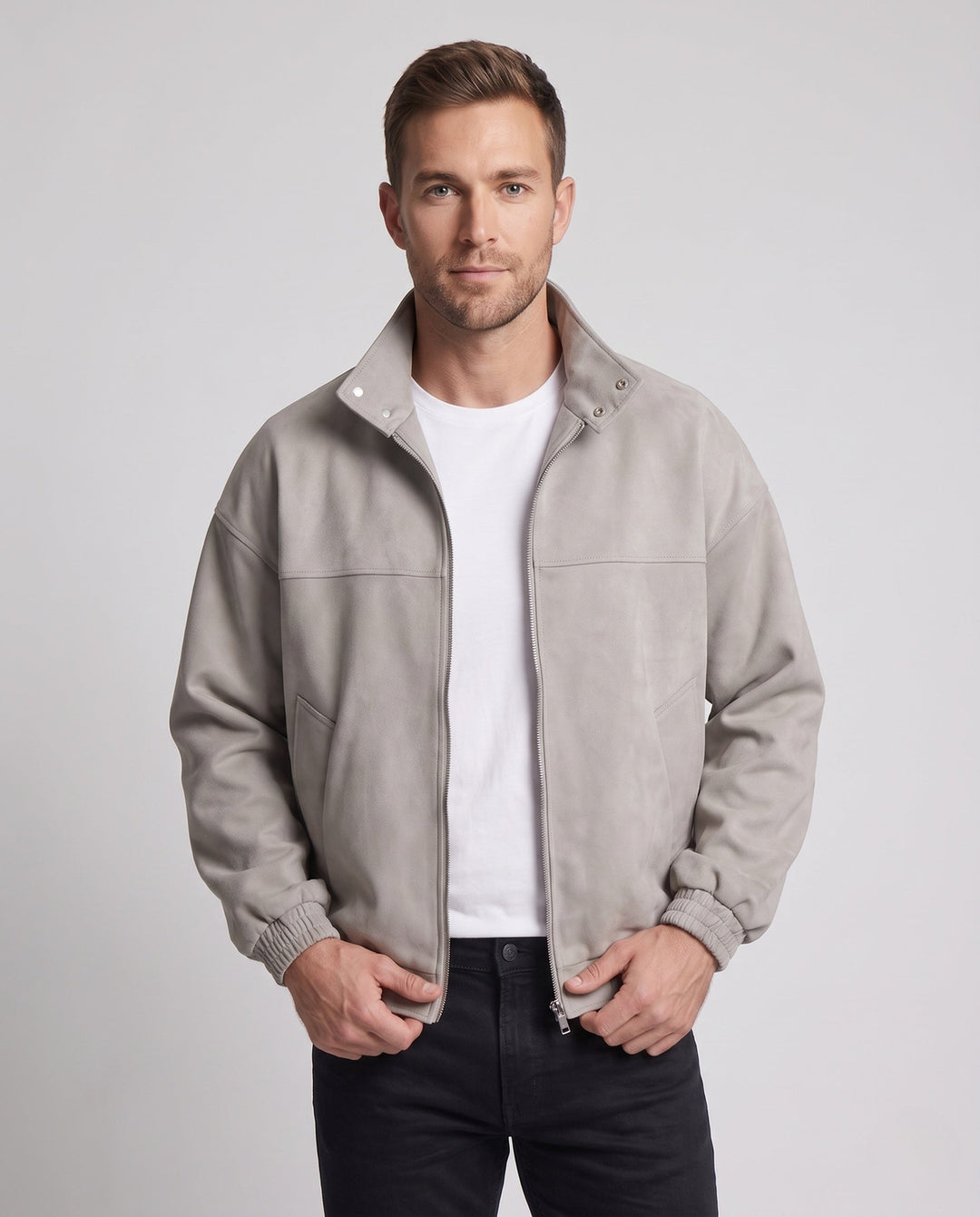 Herr Oversized Velvet Jacka med Stående Krage, Tvåvägsdragkedja och Elastisk Fåll
