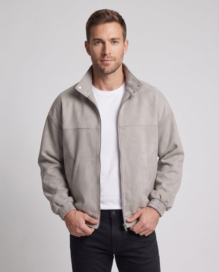 Herr Oversized Velvet Jacka med Stående Krage, Tvåvägsdragkedja och Elastisk Fåll