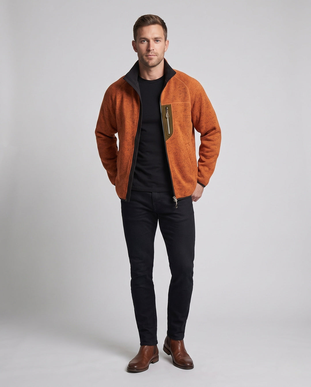 Herr Oversize Zip-Softshell-Fleece Jacka i Utility Look med Standing Krage och Kontrast Dragkedja