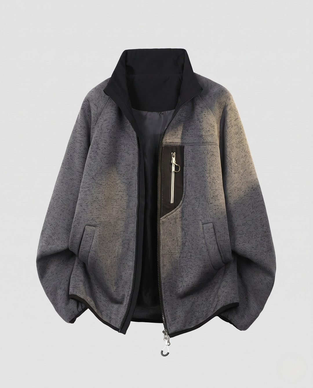 Herr Oversize Zip-Softshell-Fleece Jacka i Utility Look med Standing Krage och Kontrast Dragkedja