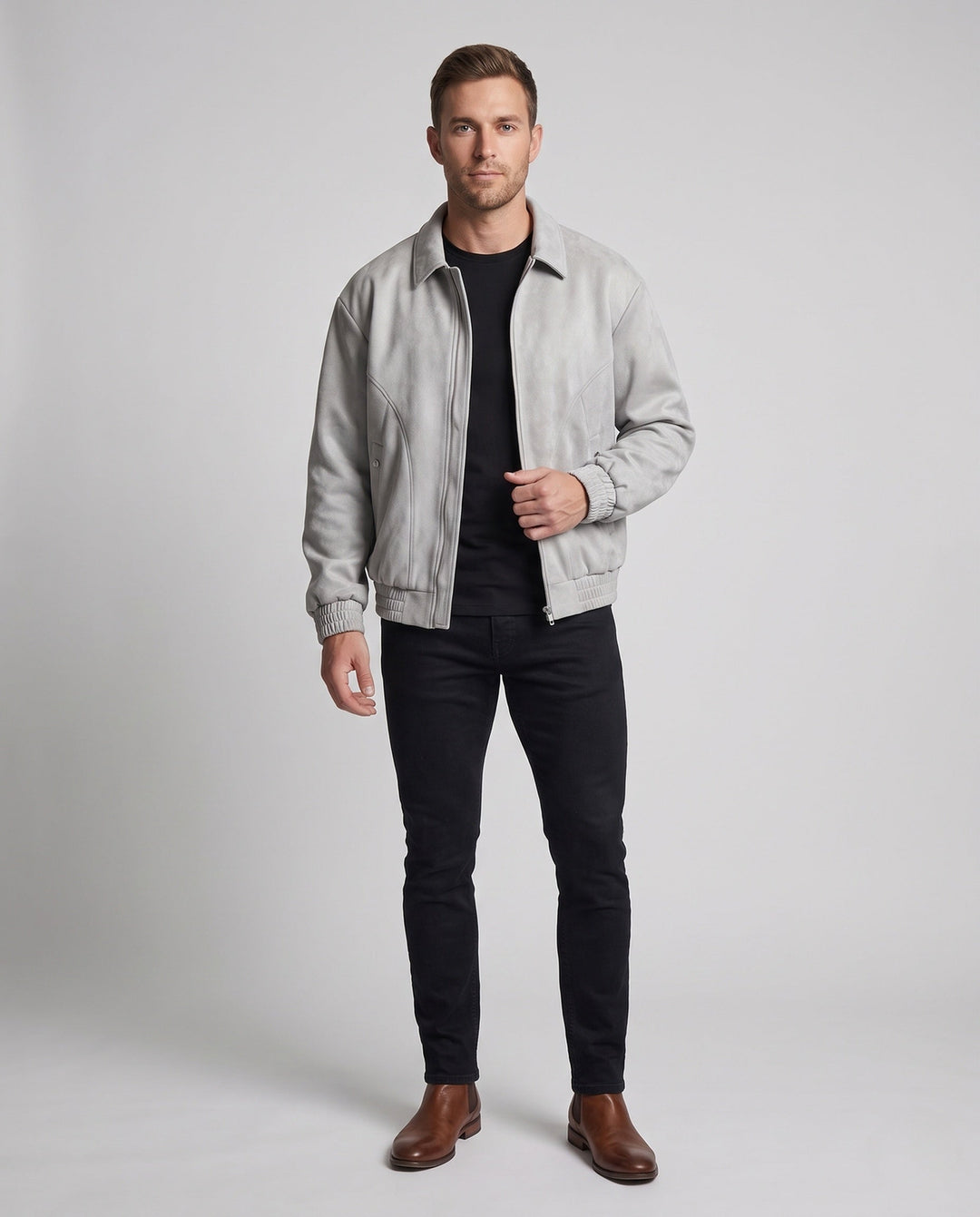 Herr Oversized Suede Look Zip Jacka med Skjorta Krage, Elastisk Muddar och Lock Fickor