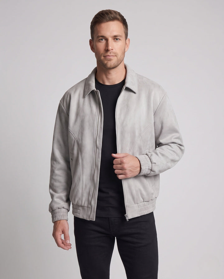Herr Oversized Suede Look Zip Jacka med Skjorta Krage, Elastisk Muddar och Lock Fickor