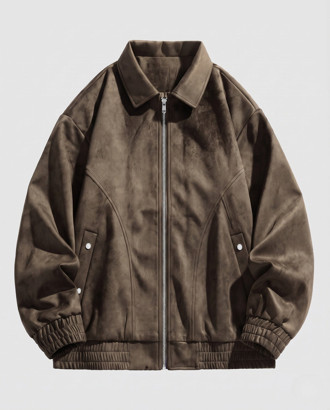 Herr Oversized Suede Look Zip Jacka med Skjorta Krage, Elastisk Muddar och Lock Fickor