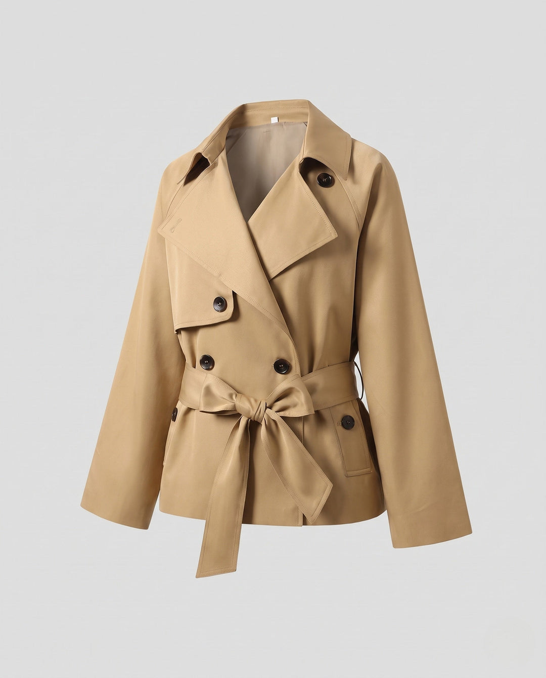 Dam kort Double-Breasted trenchcoat med midjebälte och vid Cape ärm