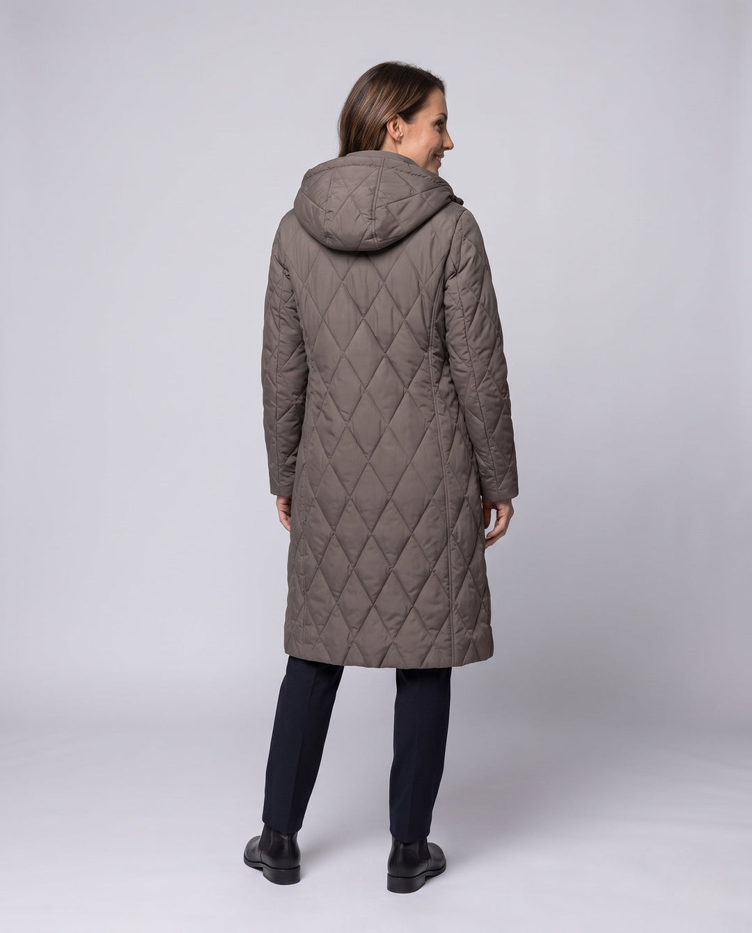 Dam lång kviltad kappa med huva, Diamond Quilting och två-Way dragkedja