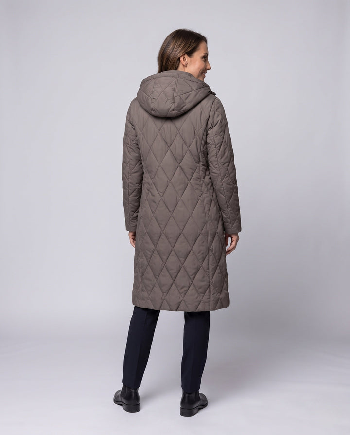 Dam lång kviltad kappa med huva, Diamond Quilting och två-Way dragkedja