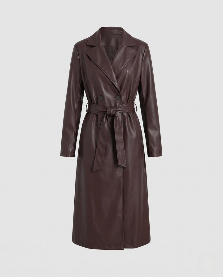 Dam Longer Skräddarsydd Trenchcoat Gjord av Vegan Läder Look med Knytbälte och Sjalrakrage