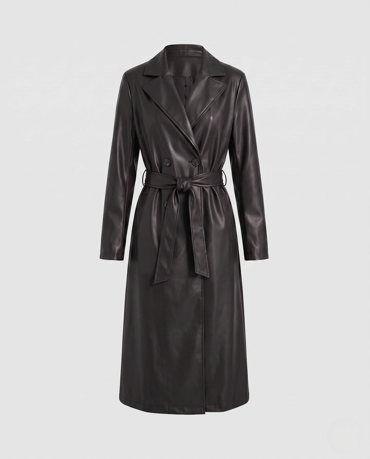 Dam Longer Skräddarsydd Trenchcoat Gjord av Vegan Läder Look med Knytbälte och Sjalrakrage