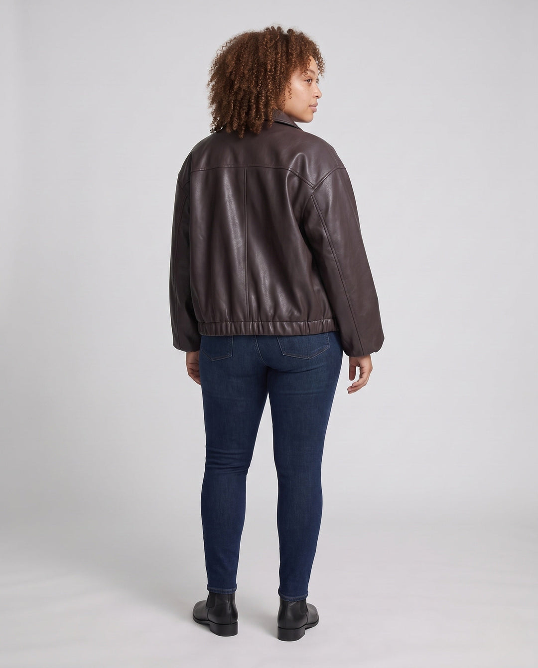 Dam Oversized Läder Look Blouson med Skjortkrage, Dragkedja och Elastic Fåll
