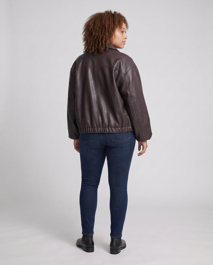 Dam Oversized Läder Look Blouson med Skjortkrage, Dragkedja och Elastic Fåll