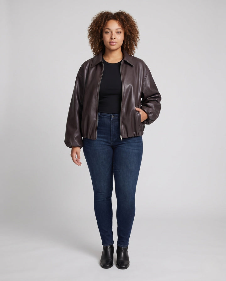 Dam Oversized Läder Look Blouson med Skjortkrage, Dragkedja och Elastic Fåll