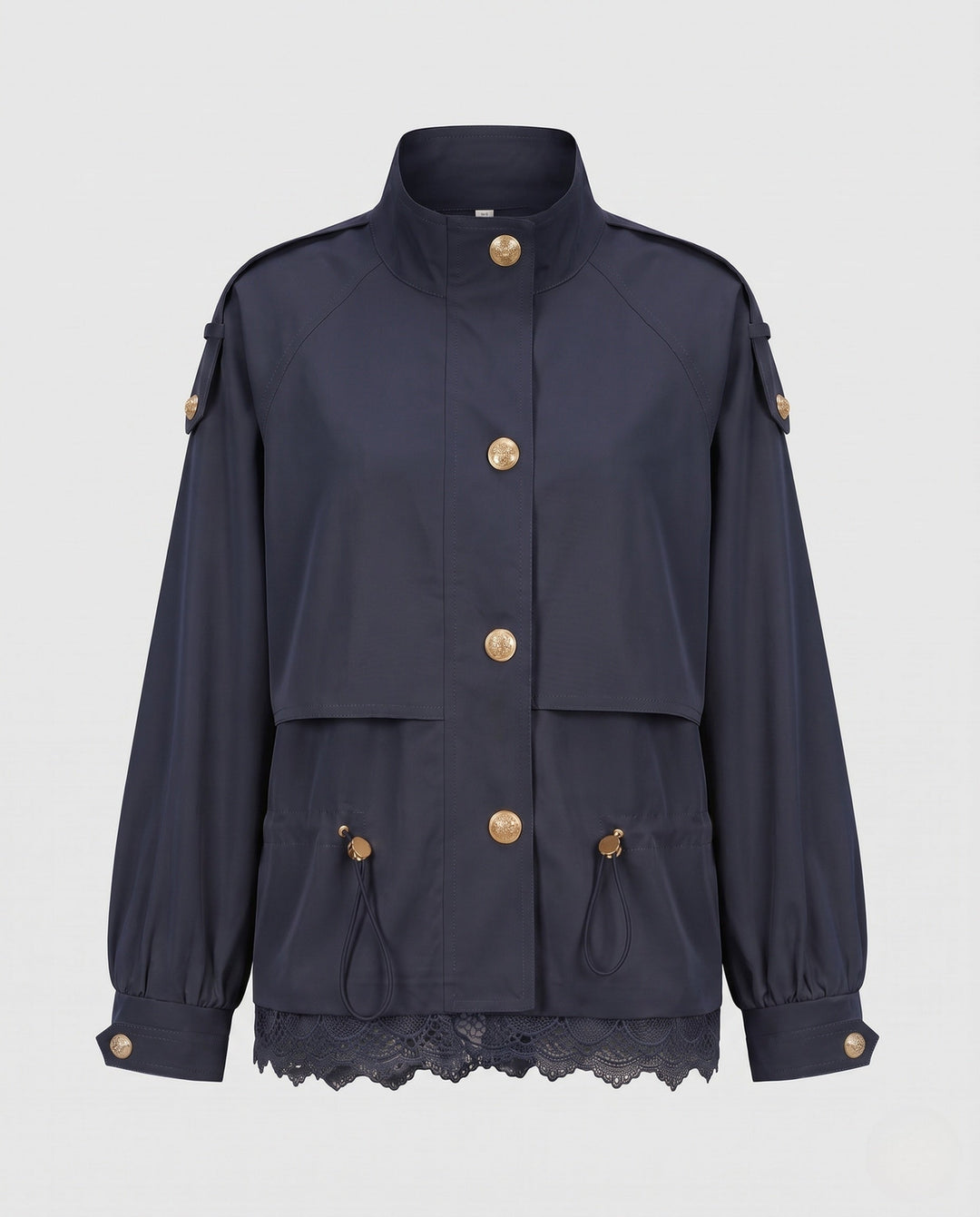 Dam utility field jacka med dragsko, lace trim och ståkrage