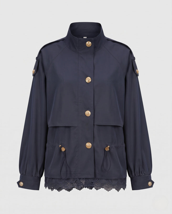 Dam utility field jacka med dragsko, lace trim och ståkrage