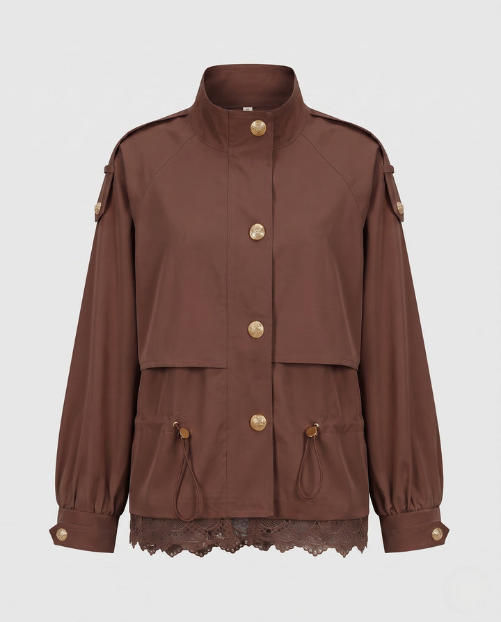 Dam utility field jacka med dragsko, lace trim och ståkrage