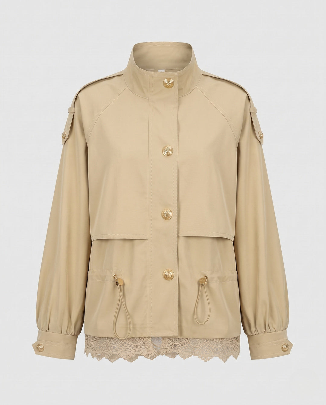 Dam utility field jacka med dragsko, lace trim och ståkrage