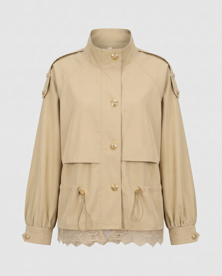 Dam utility field jacka med dragsko, lace trim och ståkrage