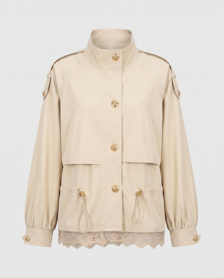Dam utility field jacka med dragsko, lace trim och ståkrage