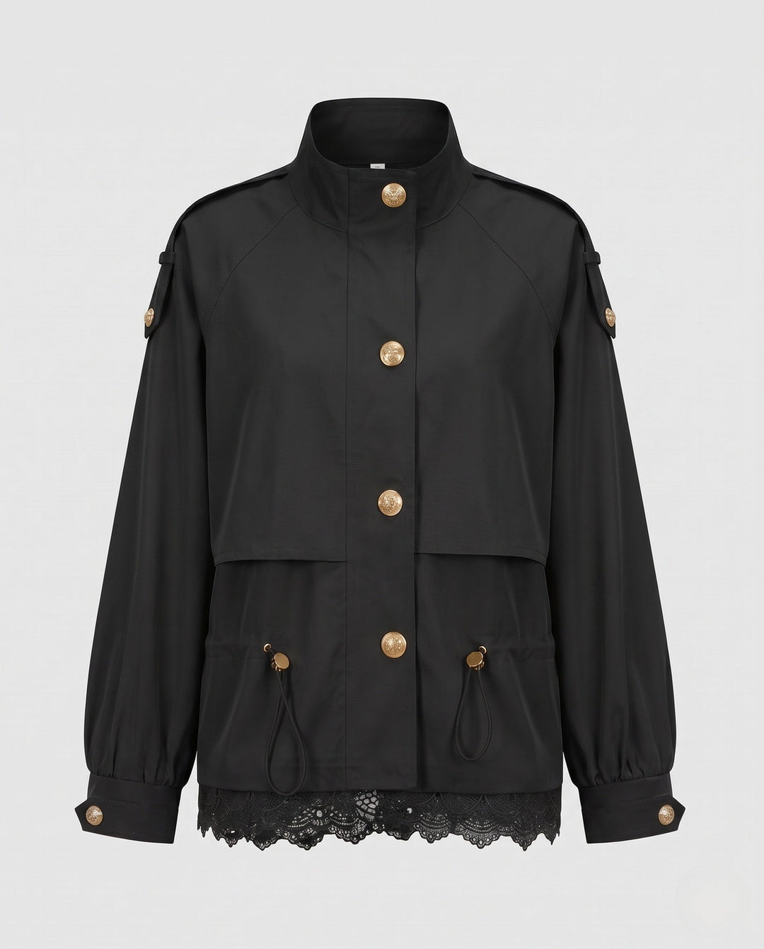 Dam utility field jacka med dragsko, lace trim och ståkrage