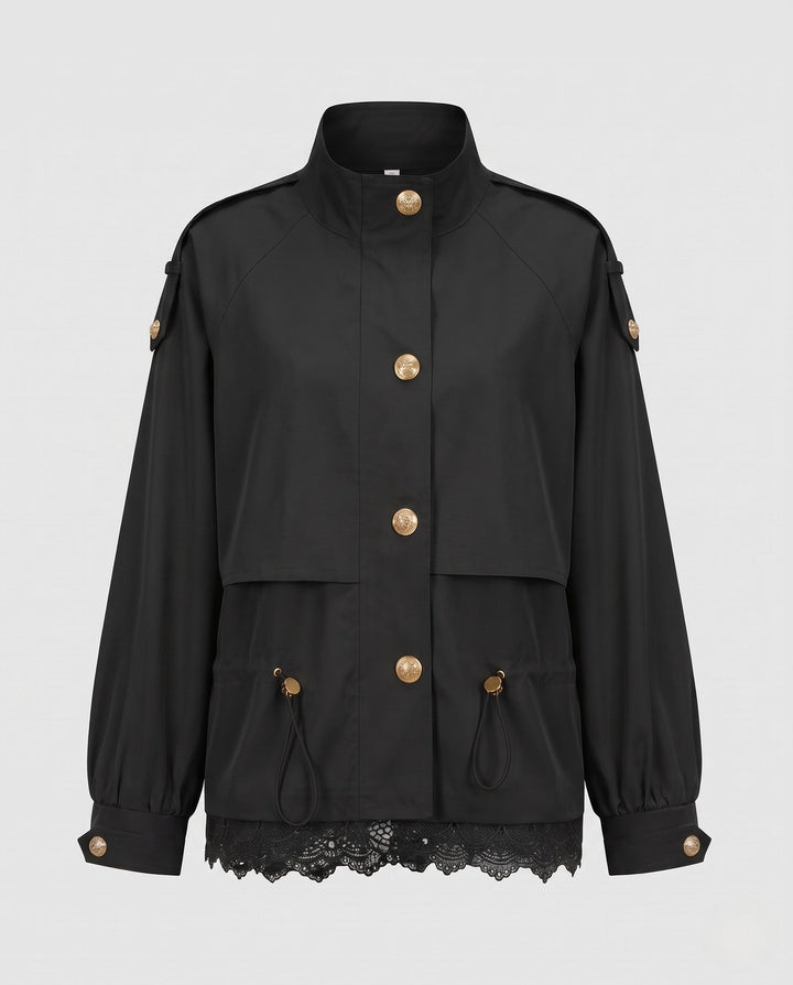 Dam utility field jacka med dragsko, lace trim och ståkrage