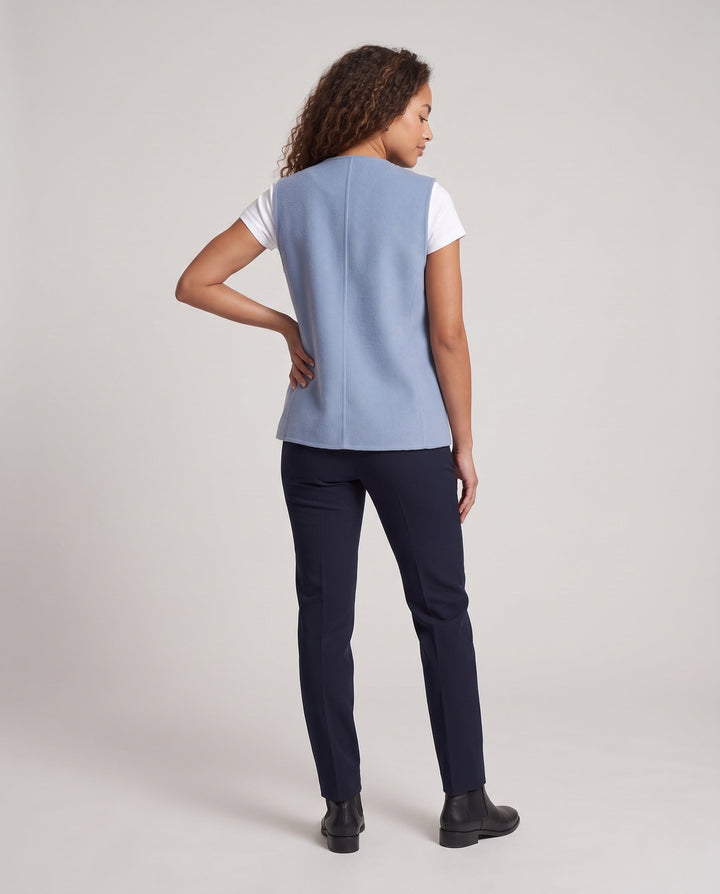Dam ärmlös double-breasted ullblandning väst med utanpåfickor och curved hemline
