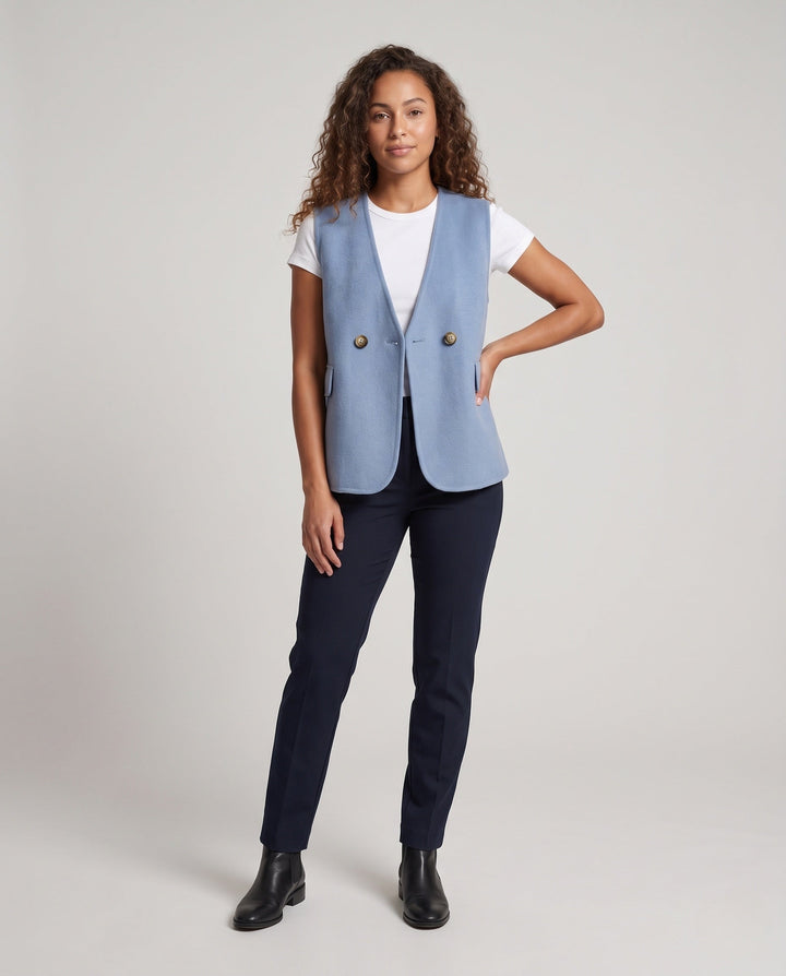 Dam ärmlös double-breasted ullblandning väst med utanpåfickor och curved hemline