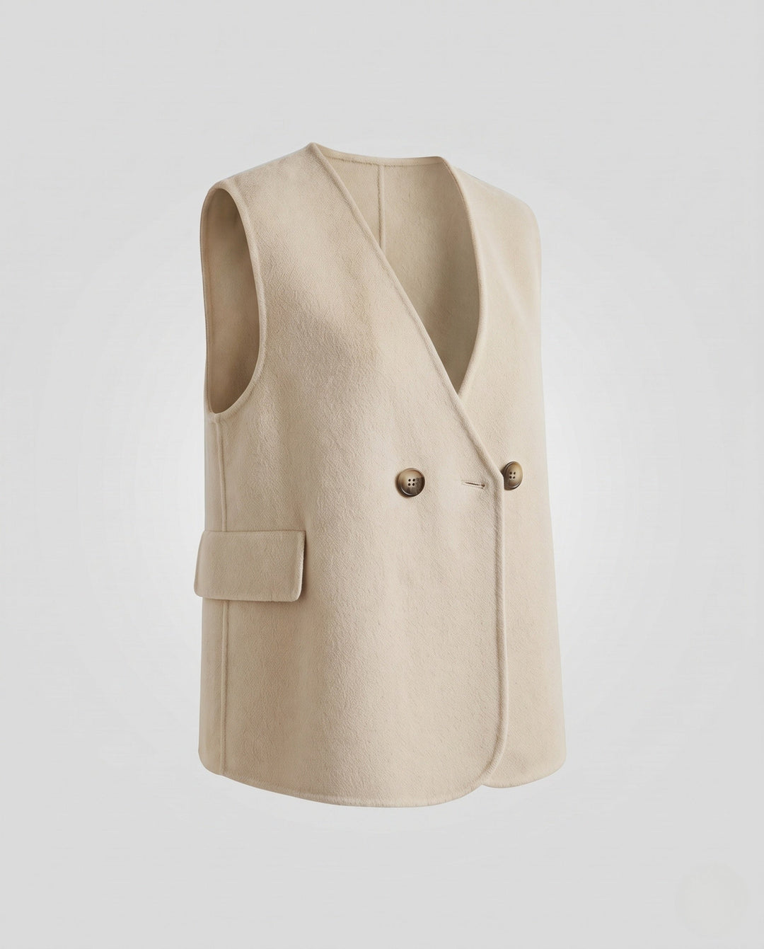 Dam ärmlös double-breasted ullblandning väst med utanpåfickor och curved hemline