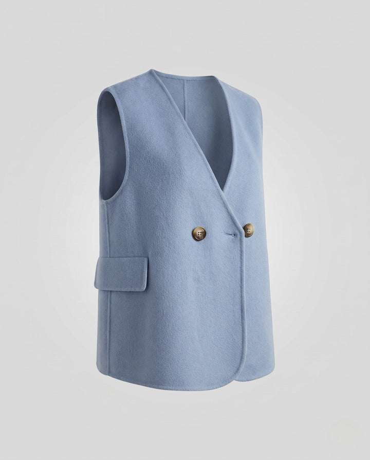 Dam ärmlös double-breasted ullblandning väst med utanpåfickor och curved hemline