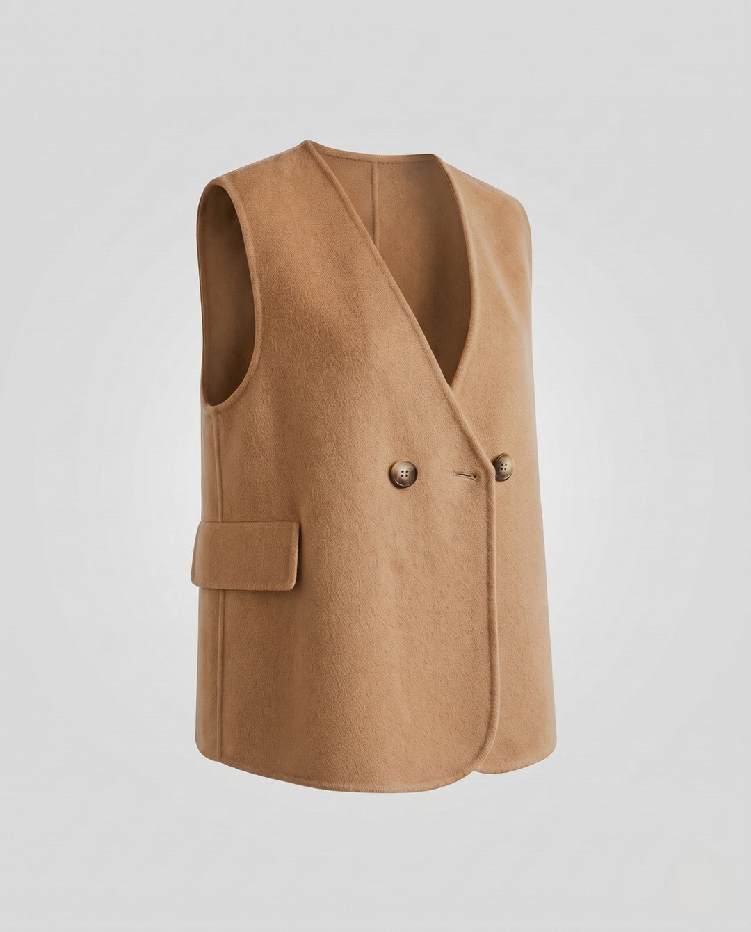 Dam ärmlös double-breasted ullblandning väst med utanpåfickor och curved hemline