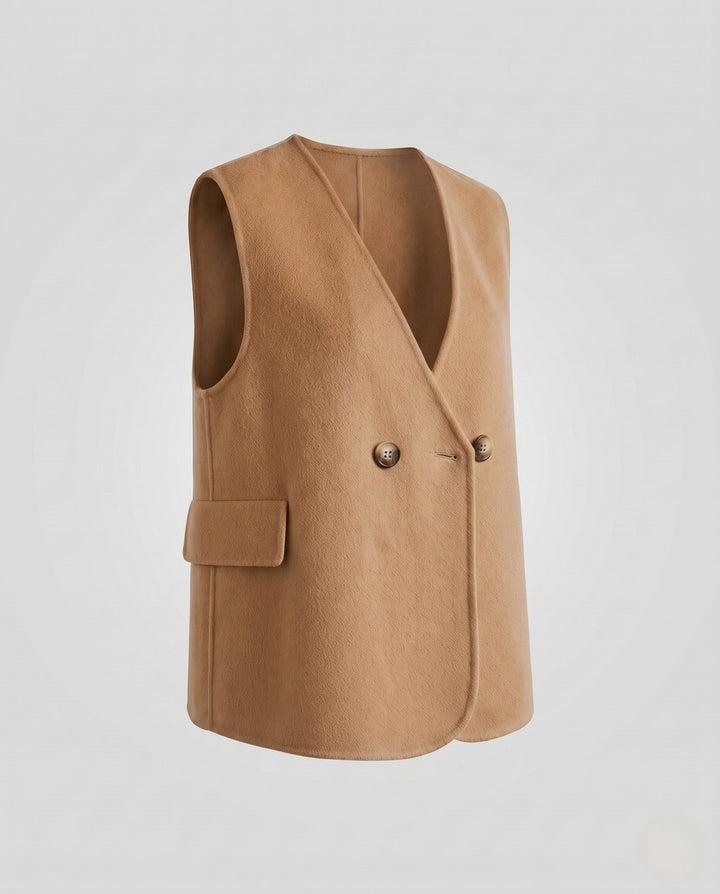 Dam ärmlös double-breasted ullblandning väst med utanpåfickor och curved hemline