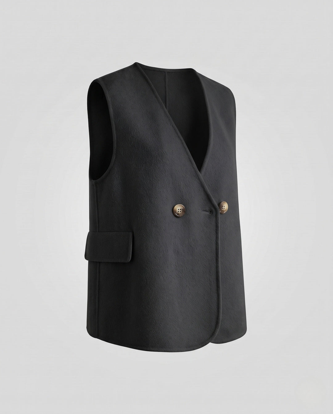 Dam ärmlös double-breasted ullblandning väst med utanpåfickor och curved hemline