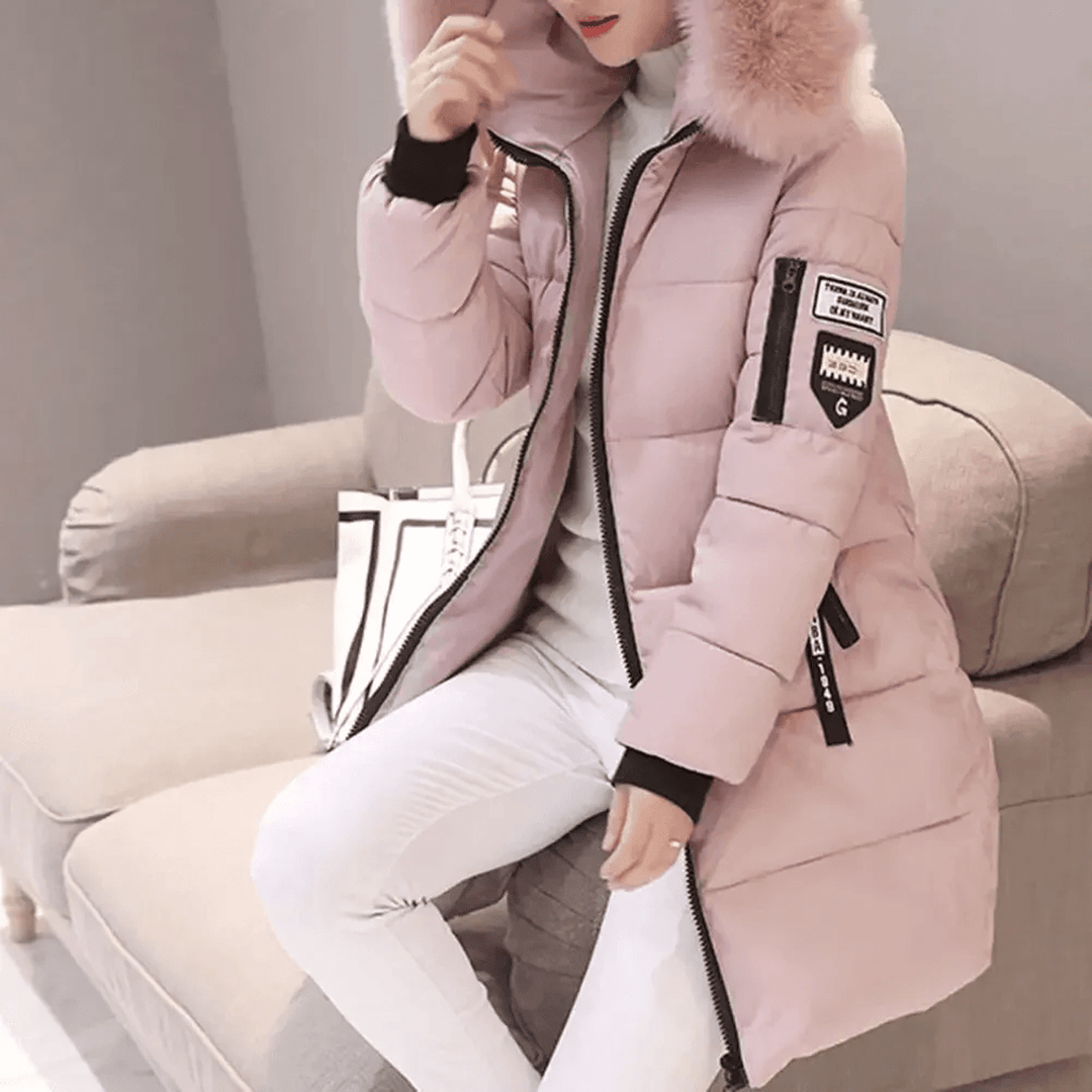 | Patched oversize Puffer Kappa med Fusk Päls Huva