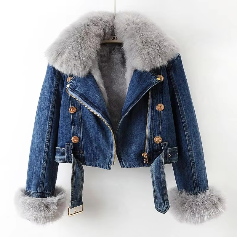 | denimjacka med Fusk Päls Krage