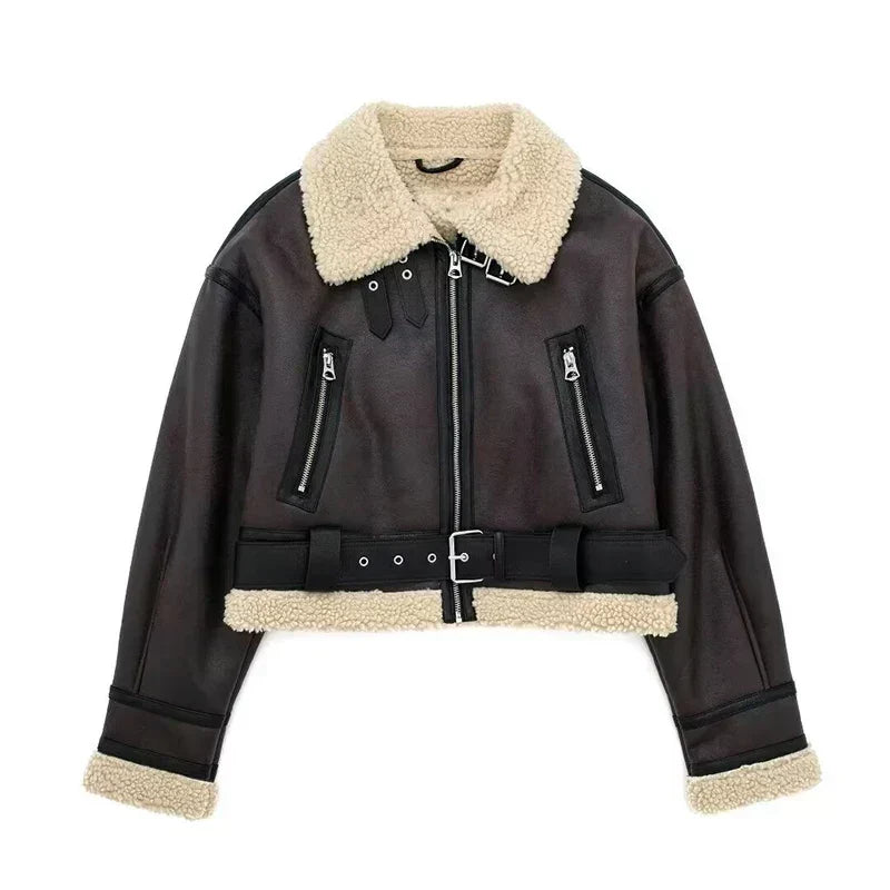 | Sheepskin Jacka - Kort Model - oversize Passform - värm Ull Foder - dragkedjestängning