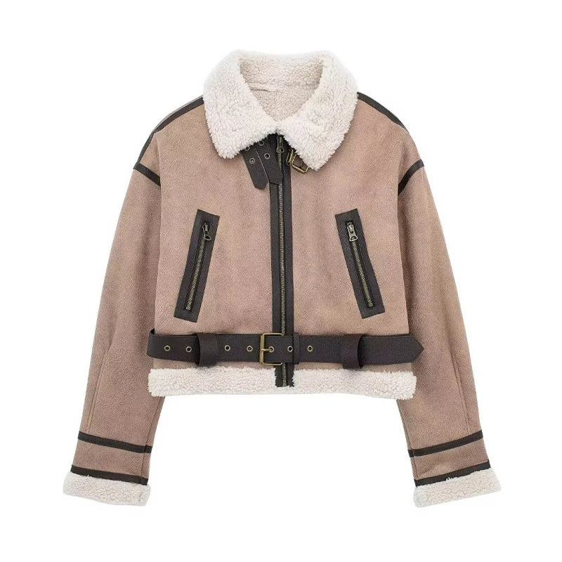 | Sheepskin Jacka - Kort Model - oversize Passform - värm Ull Foder - dragkedjestängning